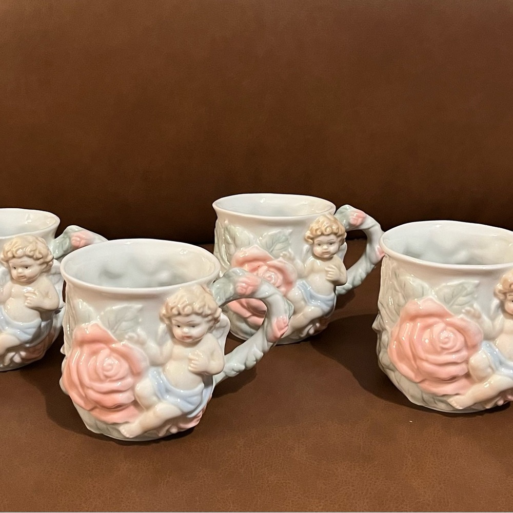 Avon Vintage Porcelain Cherub Rose Mugs - Set of 4